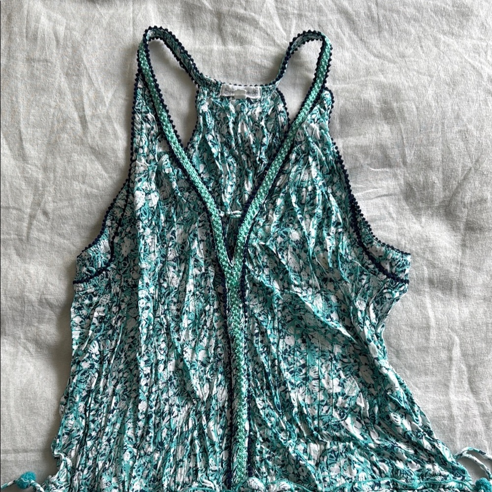 Poupette St Barth Teal and White Sleeveless Dress with tassels